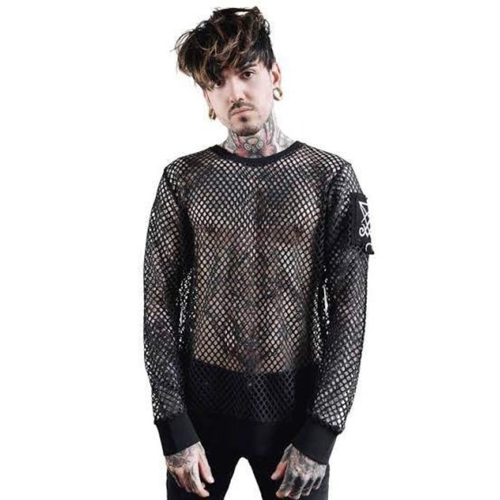 Killstar Syd Fishnet Long Sleeve Mesh Top Black Gothic Sigil Patch XXL